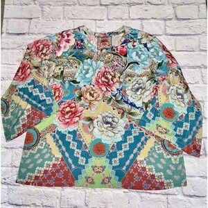 Johnny Was Prisma Kimono Sleeve Tunic Top Floral Bamboo Viscose Stretch Sz Xl
